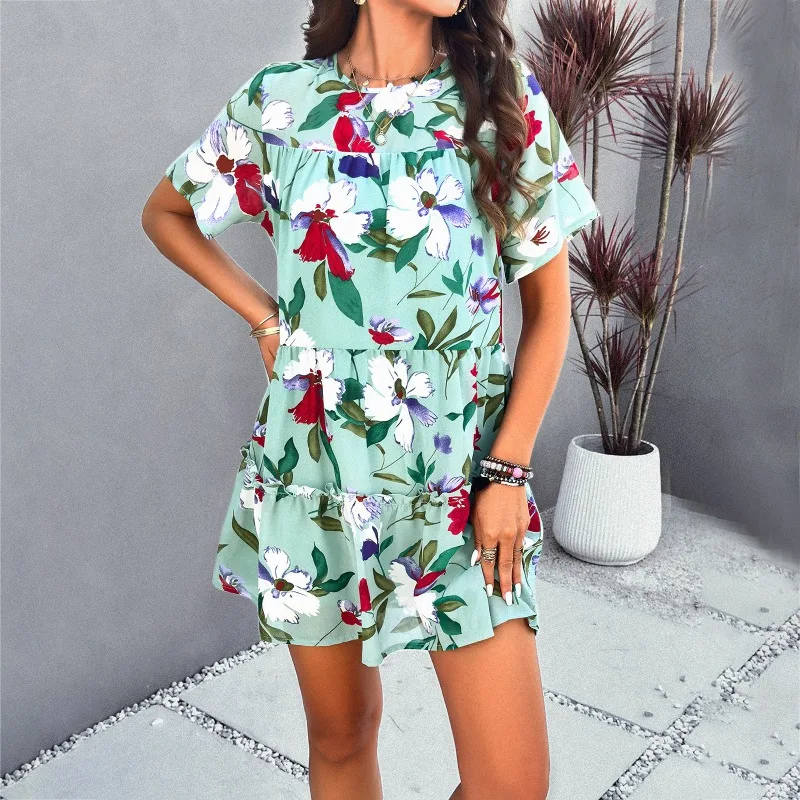 

Women's Vacation Printed Short Sleeve Casual Dress Female Clothes Summer Women New Fashion Round Neck Elegant A-line Dresses