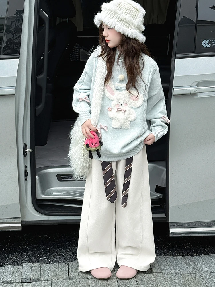 

Thiened Fce Girls Winter Outfit High Waist Wide Leg Pants Long Sve Sweater Two Piece Set Children's Faion Autumn Wi...