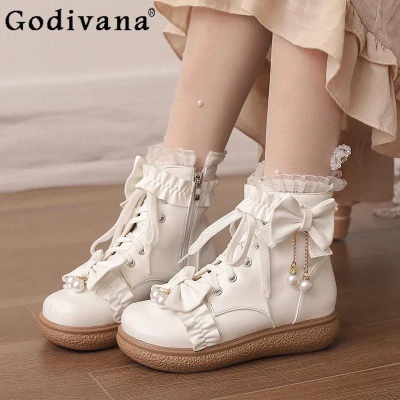 

White Lolita Shoes Original Girls Sweet Cute Bow Pearl Lace-Up Short Lo Snow Boots Womens Winter Velvet Round Head Ankle Boots