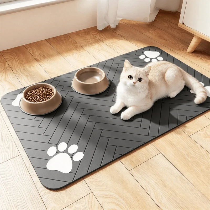 Quick‑Dry Pet Feeding Placemat, Absorbent Surface with Non‑Slip Rubber Backing for Dog Cat Food Water Bowls
