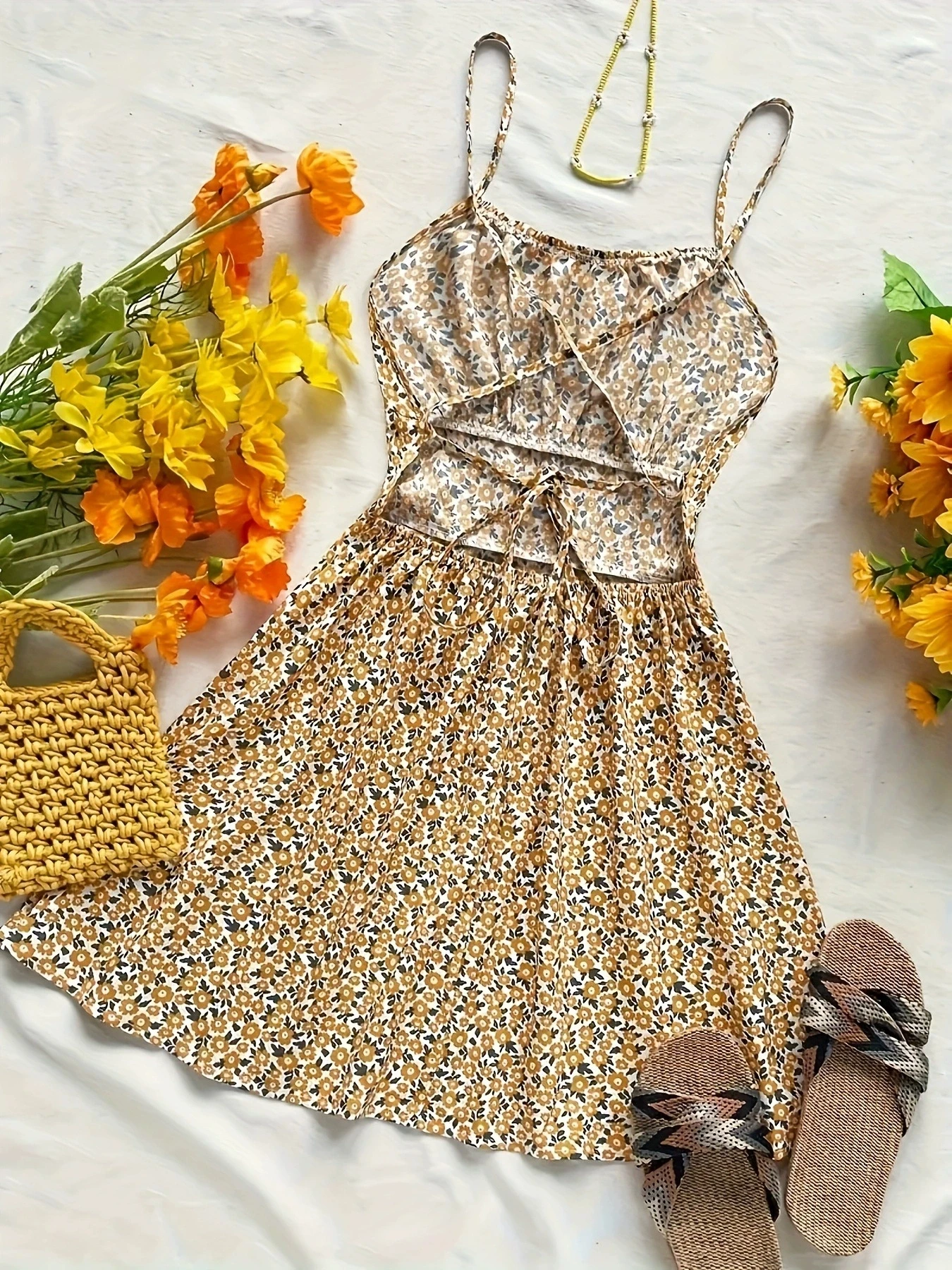 Sweet Casual Style V-Neck Floral Print Halter Dress Women's Summer Elegant Mini Dress