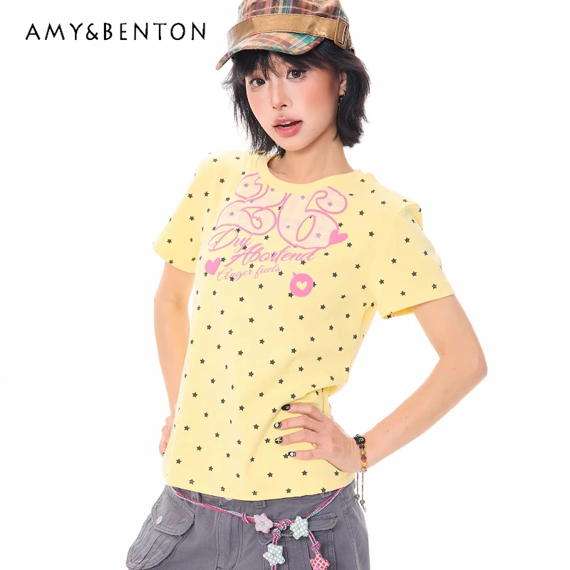 

Korean Design Girl Y2k Cute Star Women's Short-sleeved Top 2026 Summer New Sweet Cool Age-reducing Versatile T-shirts Ladies