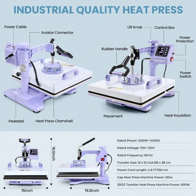 Heat Press 15x15 inch 5 in 1 with 30OZ Tumbler Press, Slide Out 360° Swing Away Digital Shirt Press Machine, Industrial-