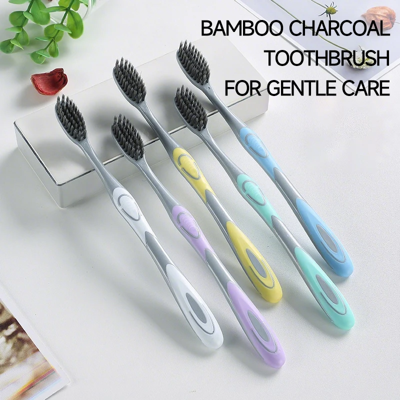 5/10 قطع فرشاة أسنان يدوية مع شعر ناعم من فحم الخيزران لتنظيف الفم اللطيف في أسر البالغين