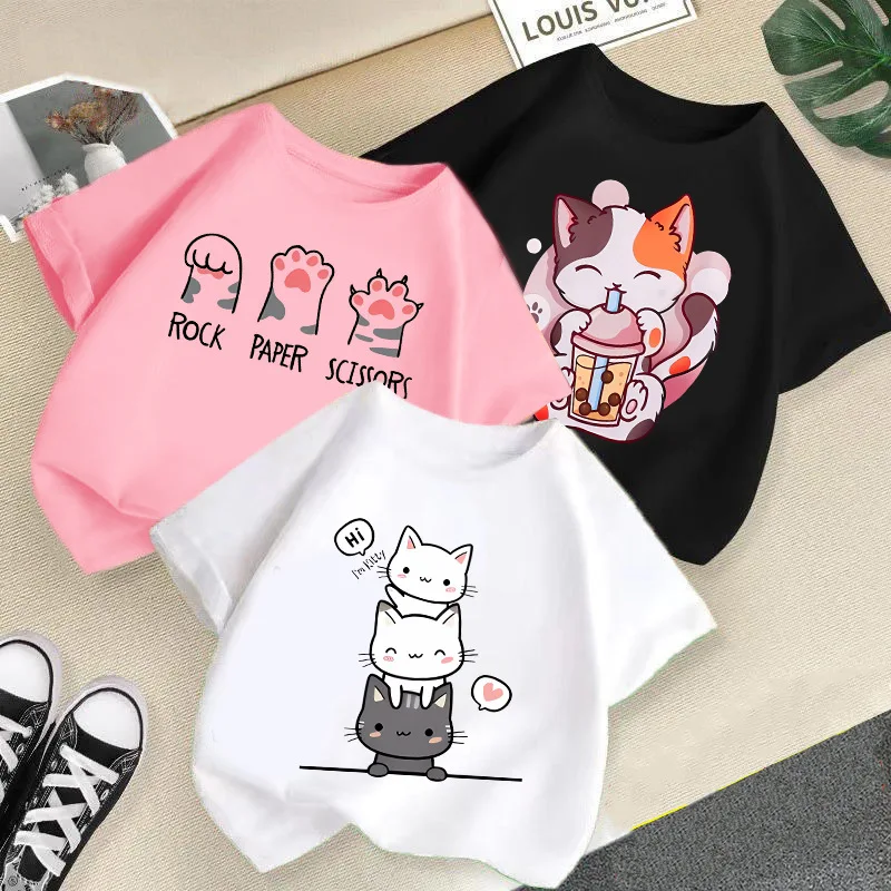2026 New Summer New Cat Printed Candy Color Funny Round Neck Short Sleeve Baby Girls Summer Clothes Trendy Children's T-shirt