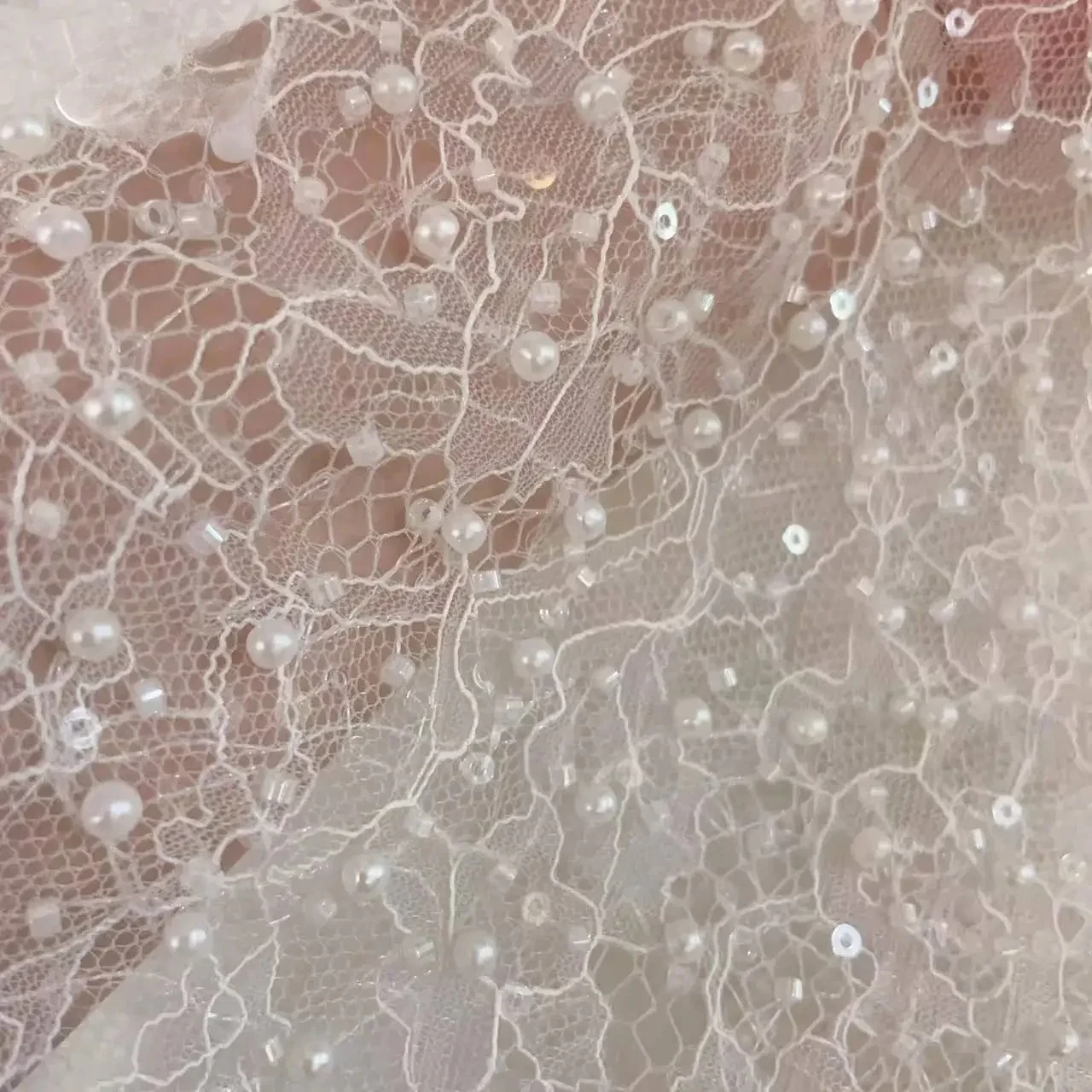 New White Beads Sequins Lace Fabric  Luxury Evening Dress French Lace Bridal Wedding Fabric Background Decoration Accessories