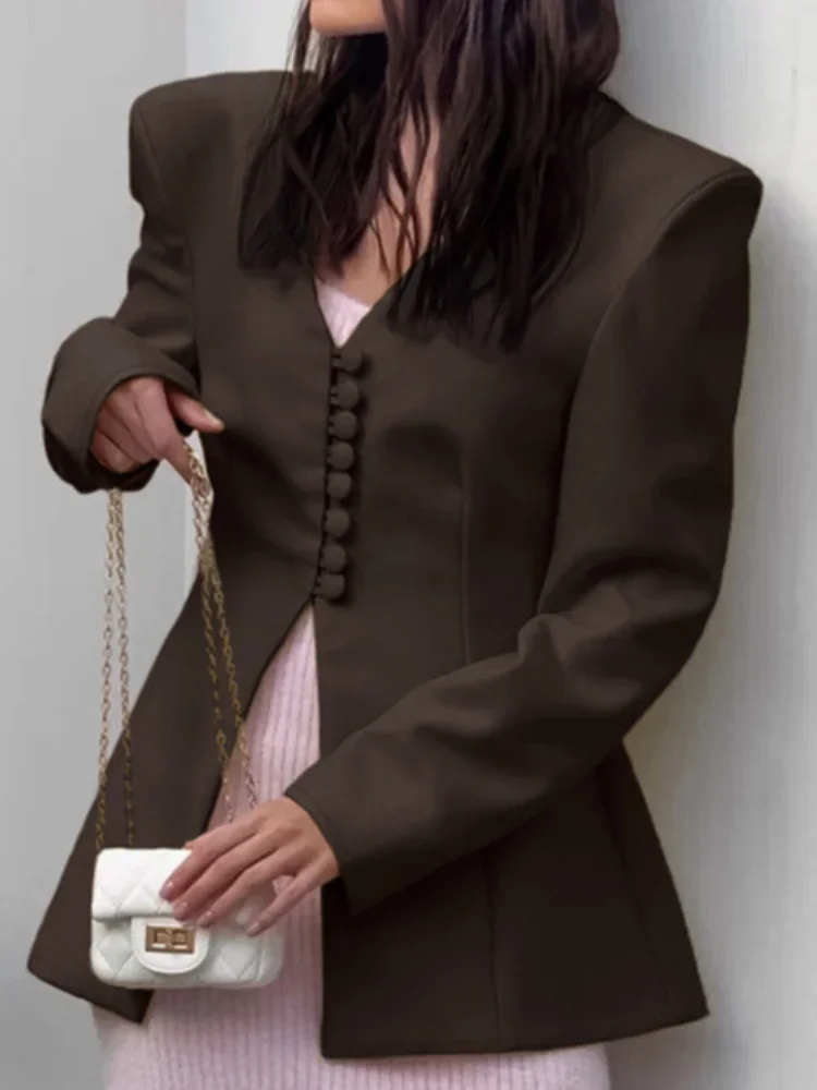 Lady V‑neck Fitted Blazer Ball Buttons Shoulder Pads Long Sleeve Slim Waist Elegant Solid Suit Jacket Office Party Outerwear