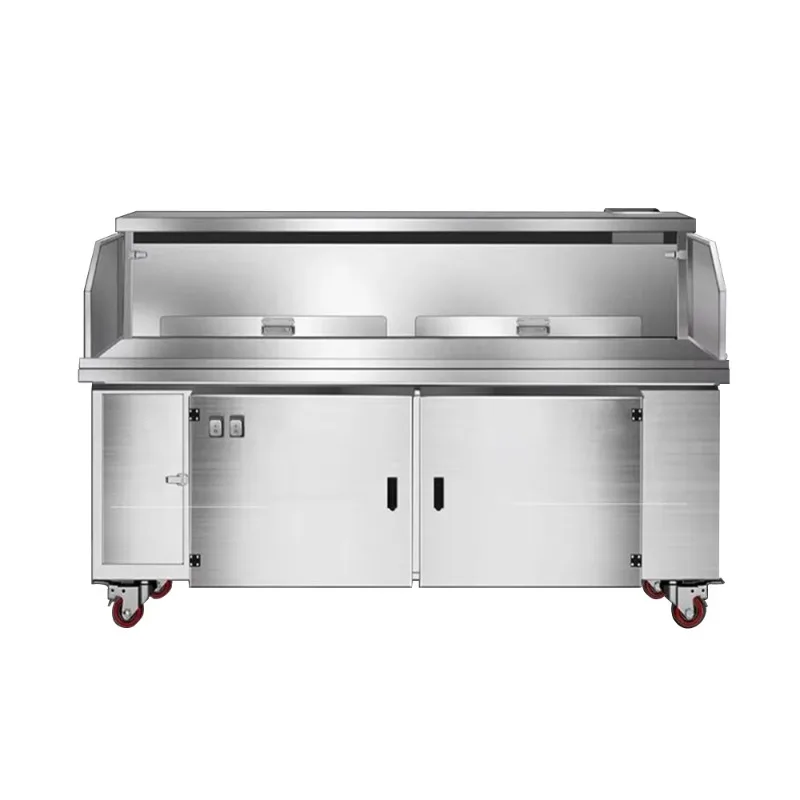 Customizable Stainless Steel Electric Mobile Charbroiling Cooking Station Charcoal Option Downdraft Cooking Table Range Hood ESP
