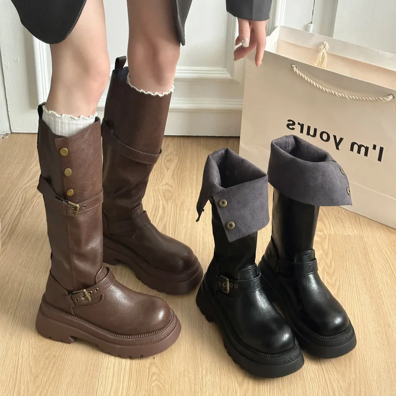 Western cowboy long tube boots for women in autumn and winter 2025  new large walled thick soled stacking boots
