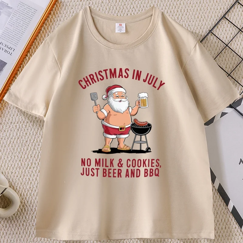Christmas in July Santa T Shirt No Milk and Cookies Just Beer T-shirt Funny Beach Xmas Tee Cotton Short Sleeve Round Neck Tees