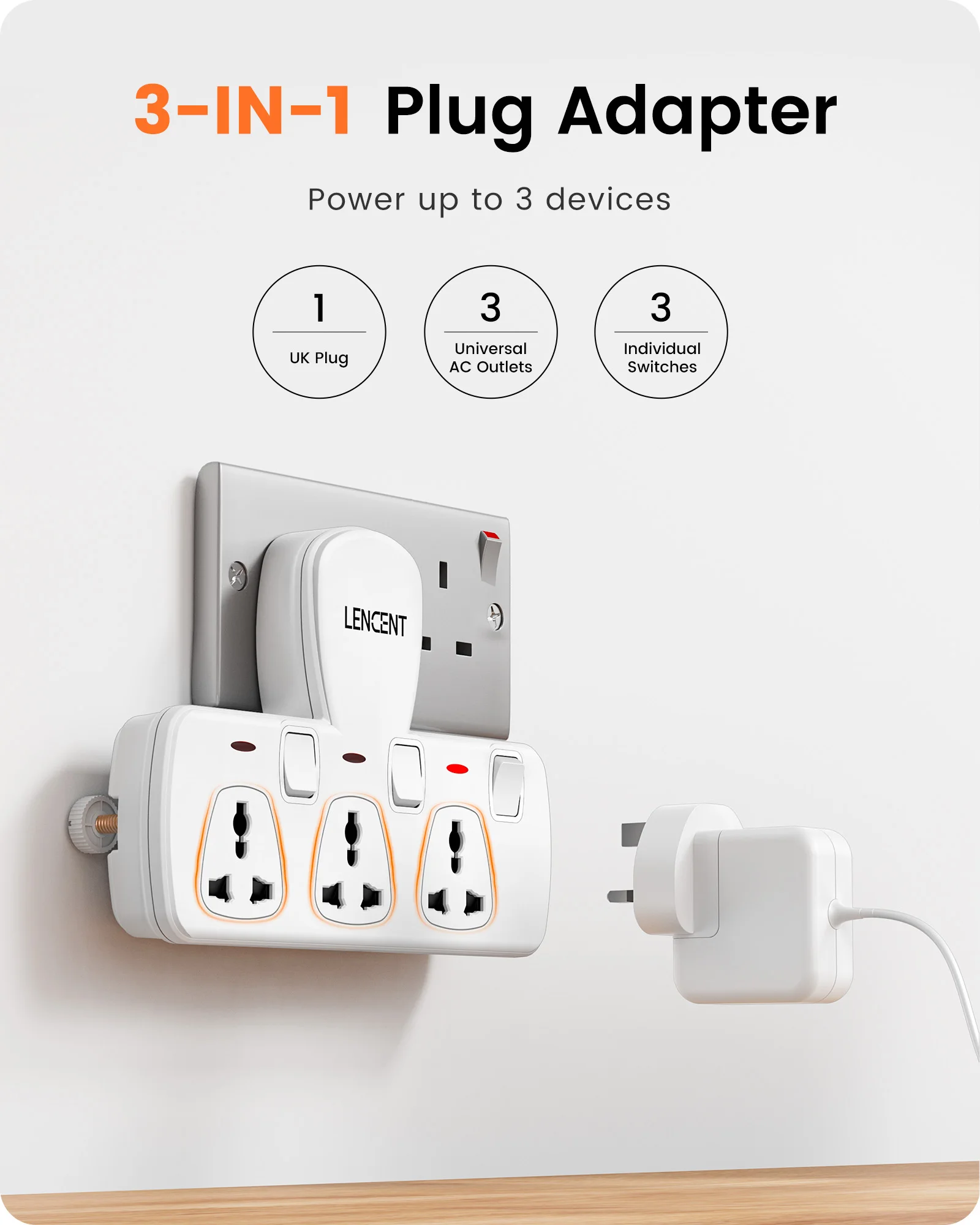 LENCENT UK Plug Wall Socket Extender with AC Outlet USB Ports Multi Plug Extension Socket Adapter with Switch for Home Office