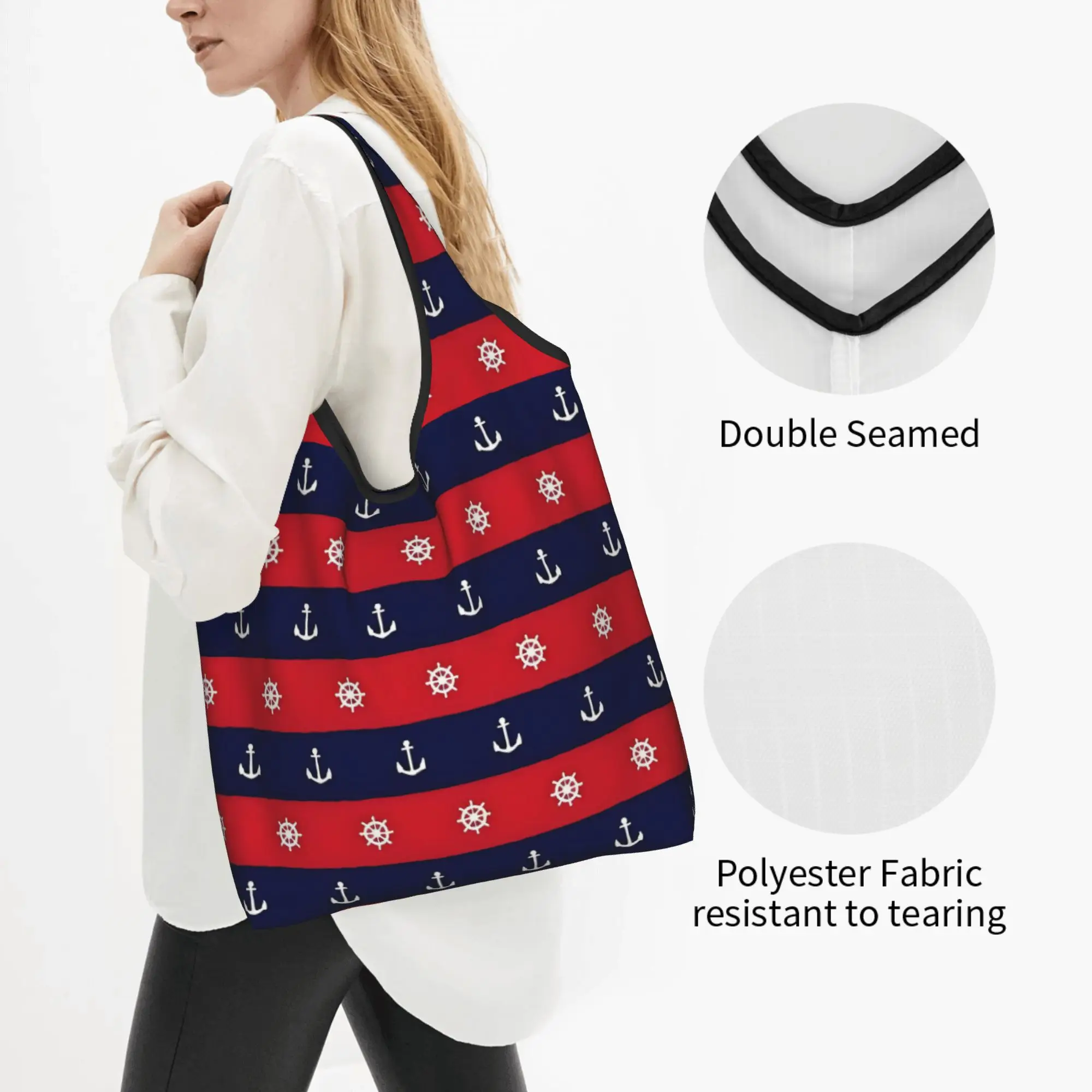 Recycling Anchor Compass Captain Sailor Adventure Nautical Shopping Bag Women Tote Bag Portable  Grocery Shopper Bags