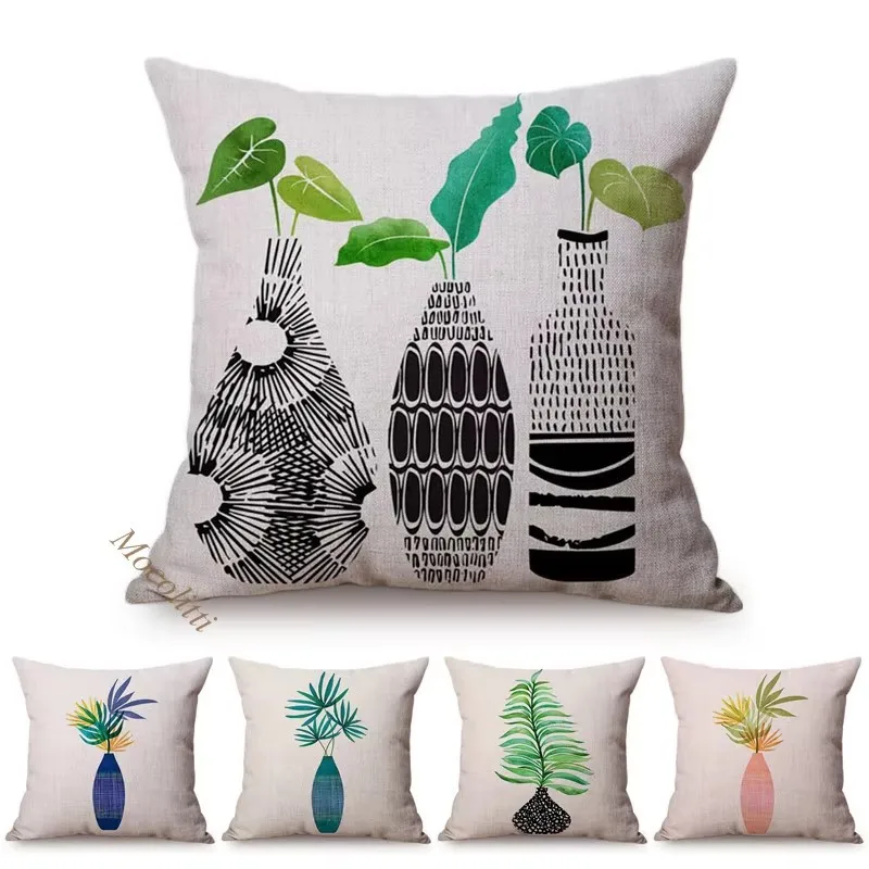 Emerald Bouquet Plant Vases Small Fresh Decoration Cushion Cover Tropical Greenery Leaf Cotton Linen Sofa Pillow Case cojines