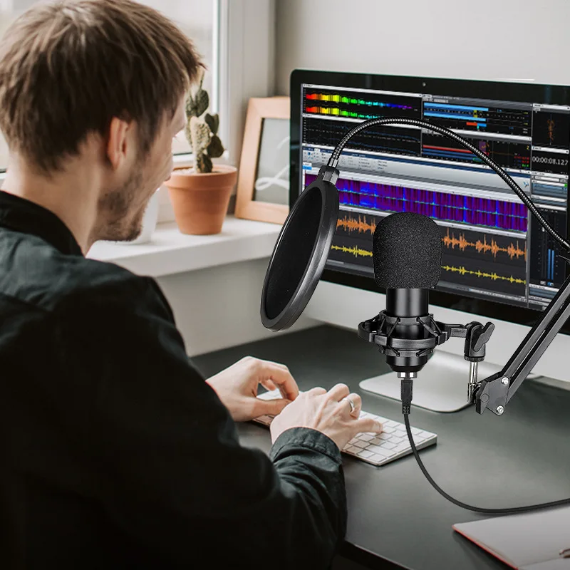 모니터/음소거/리버브 기능이 있는 BM800USB 콘덴서 마이크 – 라이브 가라오케 녹음, 소음 제거를 위한 PC/전화 스트리밍 마이크