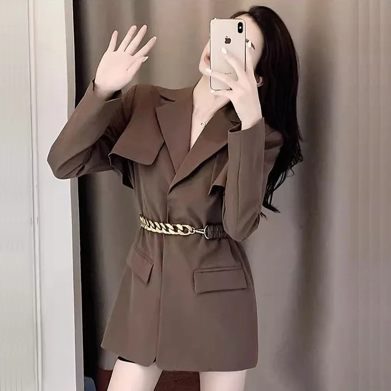 

Spring Autumn Women Short Suit Jacket With Belt Casual Notched Collar Long Sleeve Caramel Color Blazers Coat Female Veste Femme