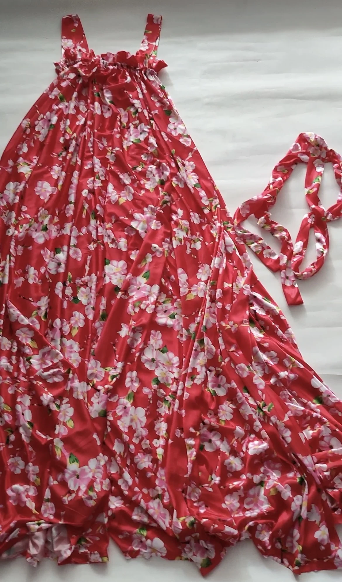 Glossy Red Floral Print Women Satin Sleeveless Dress Loose Maxi dress Plus Size Sleeping Robe