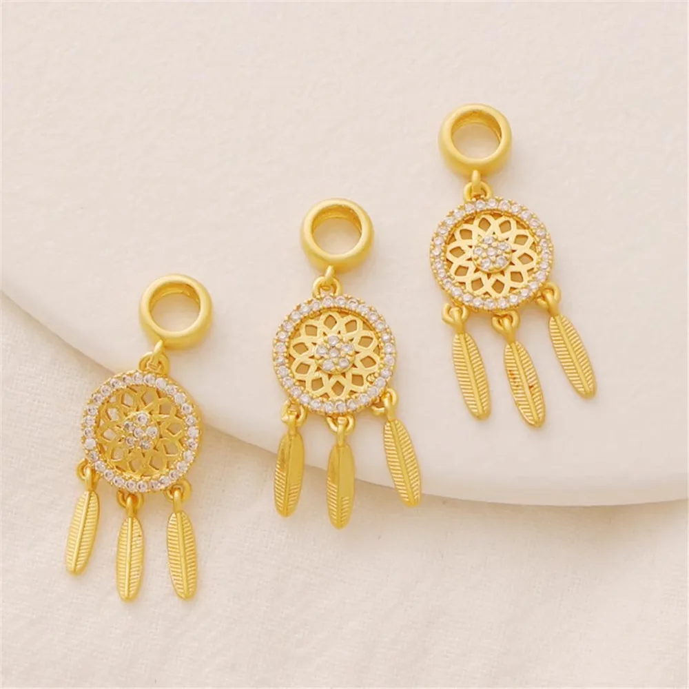 

18K Gold-wrapped Inlaid Zircon Dream Catcher Shape Pendant, Jewelry Bracelet, Fringed Earrings, DIY Accessories