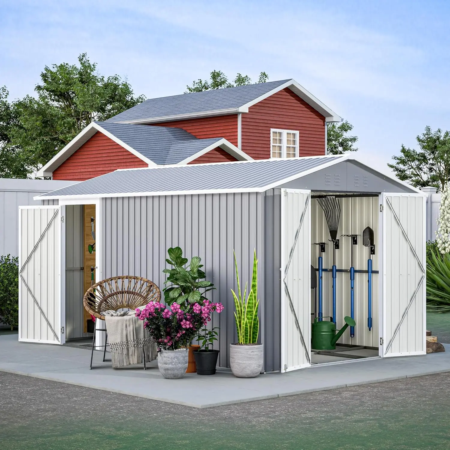 Outdoor Storage Shed 8x12 FT with 2 Lockable Doors Utility Tool Shed Metal Storage Garden Sheds W/Floor Frame and 2 Vents