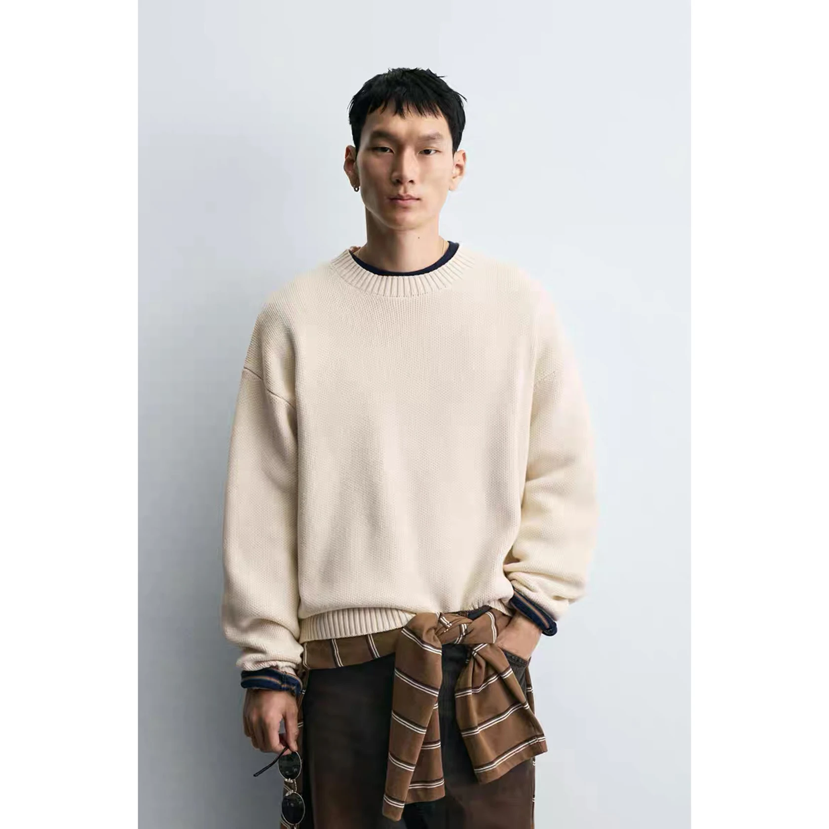

New Arrival Men's Cotton Knitwear Long Sve round Ne Loose Fit Casual Sle Organic Cotton Polyester Blend Warmth Layering