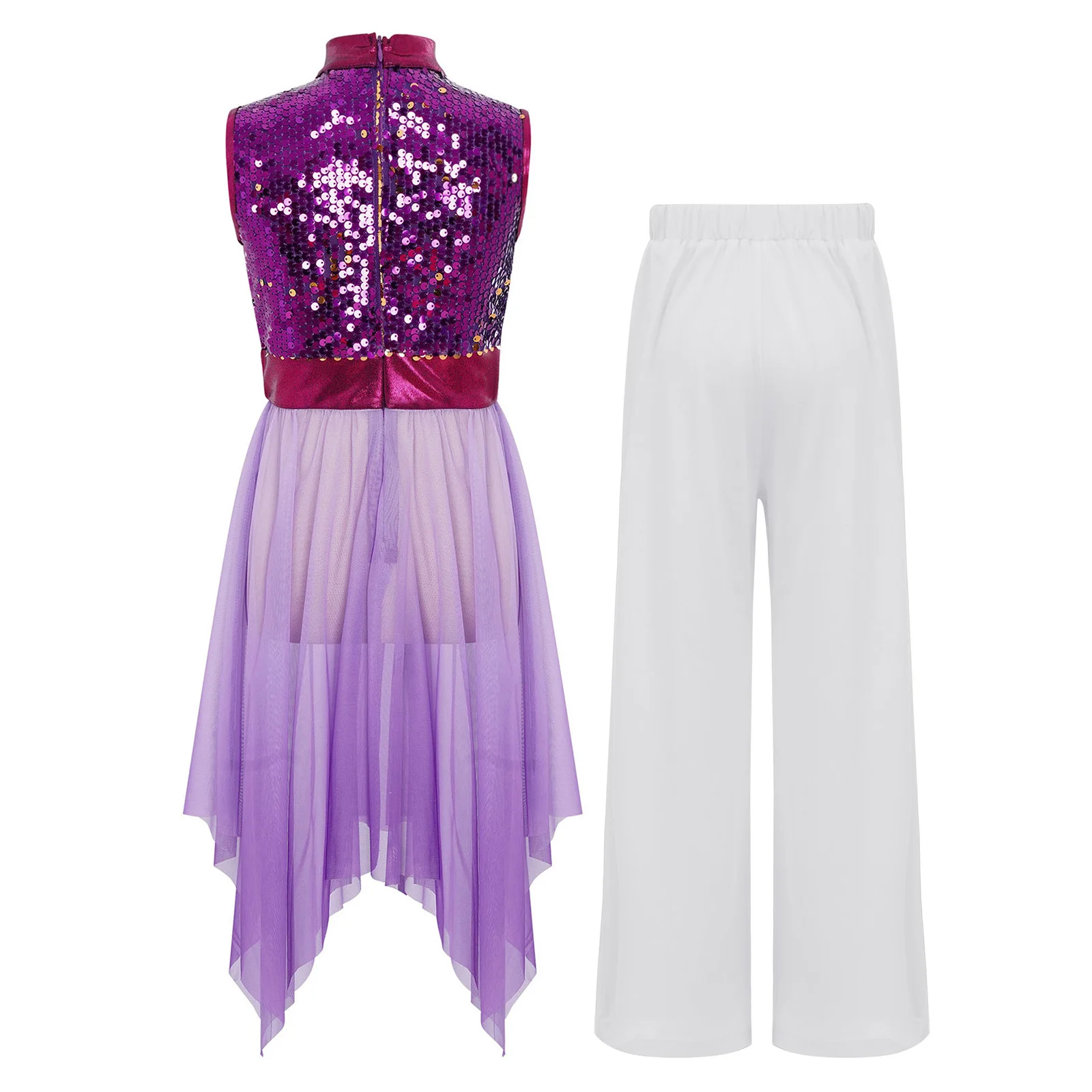 Kids Girls Liturgical Worship Praise Dress Lyrical Dance Outfit Children Church Costume Shiny Sequins Dress with Wide-Leg Pants