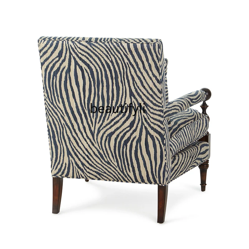 American-Style Solid Wood Fabric Armchair Zebra Pattern Cloth Leisure Chair Living Room Single Sofa