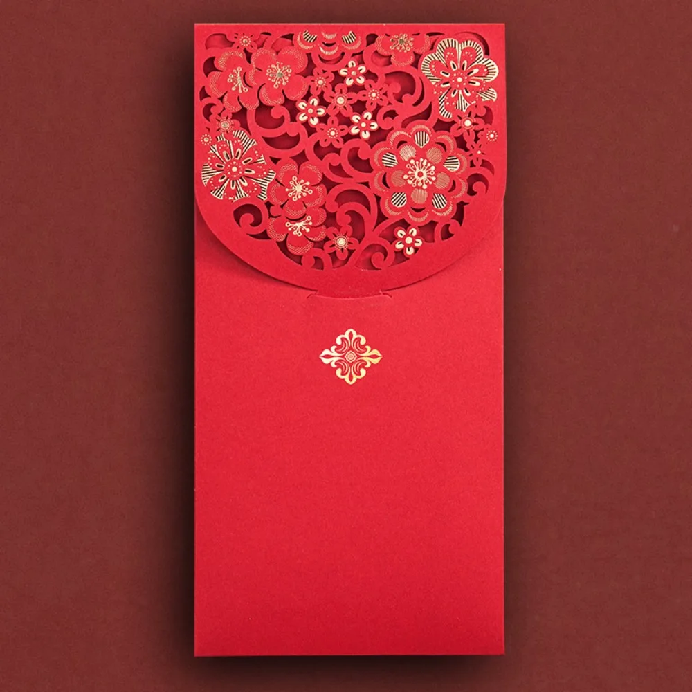 6pcs Laser Engraving Chinese Red Envelopes Rectangular Embossed Red Packet Hollow Three-dimensional HongBao Kids