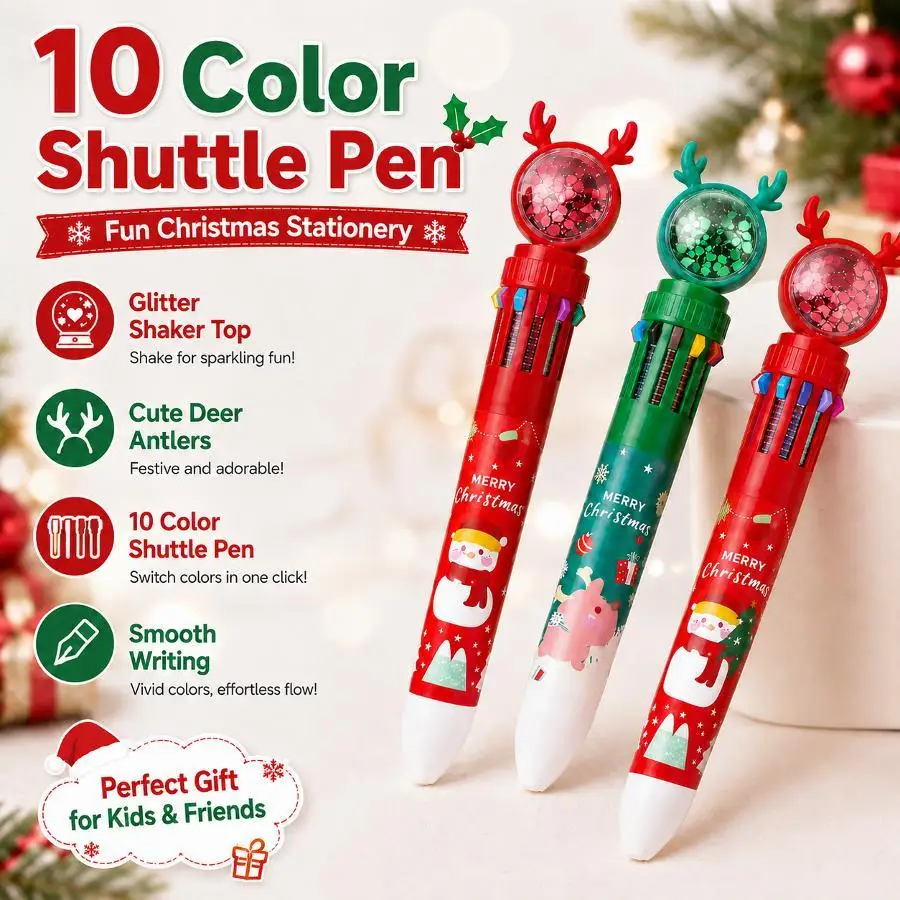 10-Color Christmas Cartoon Ballpoint Pen 0.5mm Santa Elk Snowman Click Pen For School Journal Writing Xmas Stationery Gift