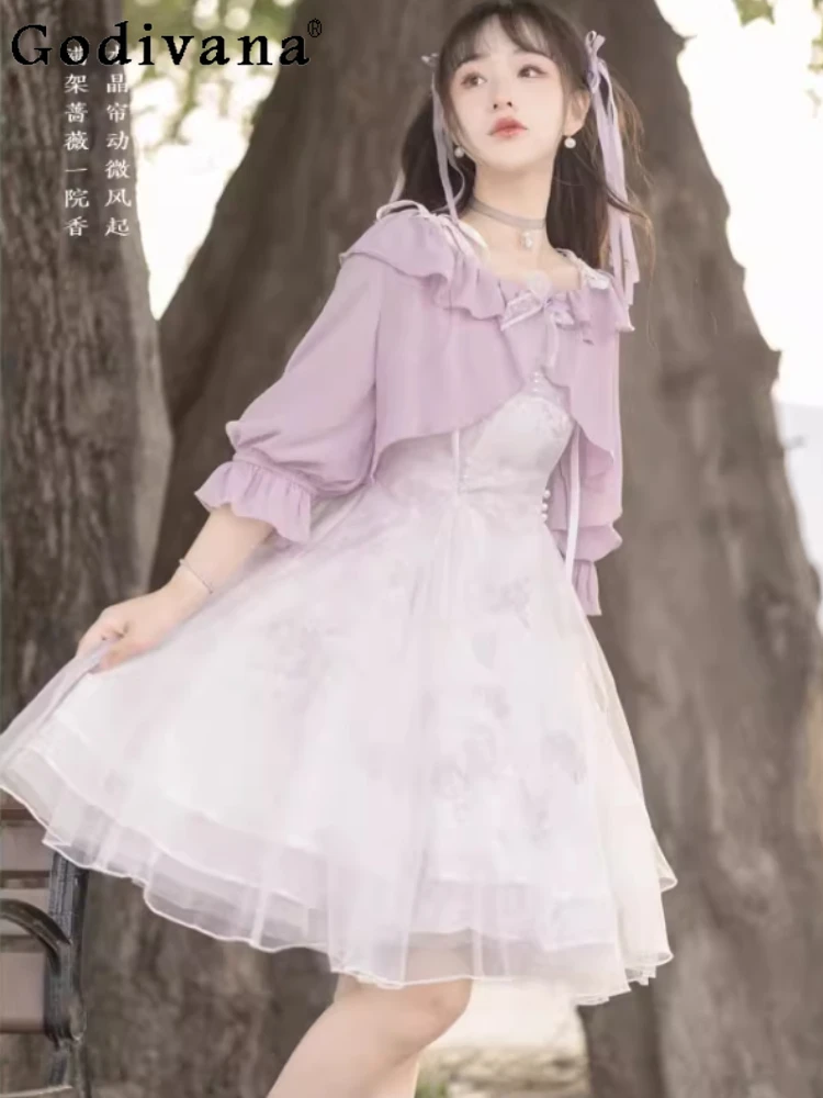 

Spring Summer Elegant Lolita High Waist A-line Fashion Female Slash Neck Suspender Dress Sweet Ruffles Bow Loose Versatile Shirt