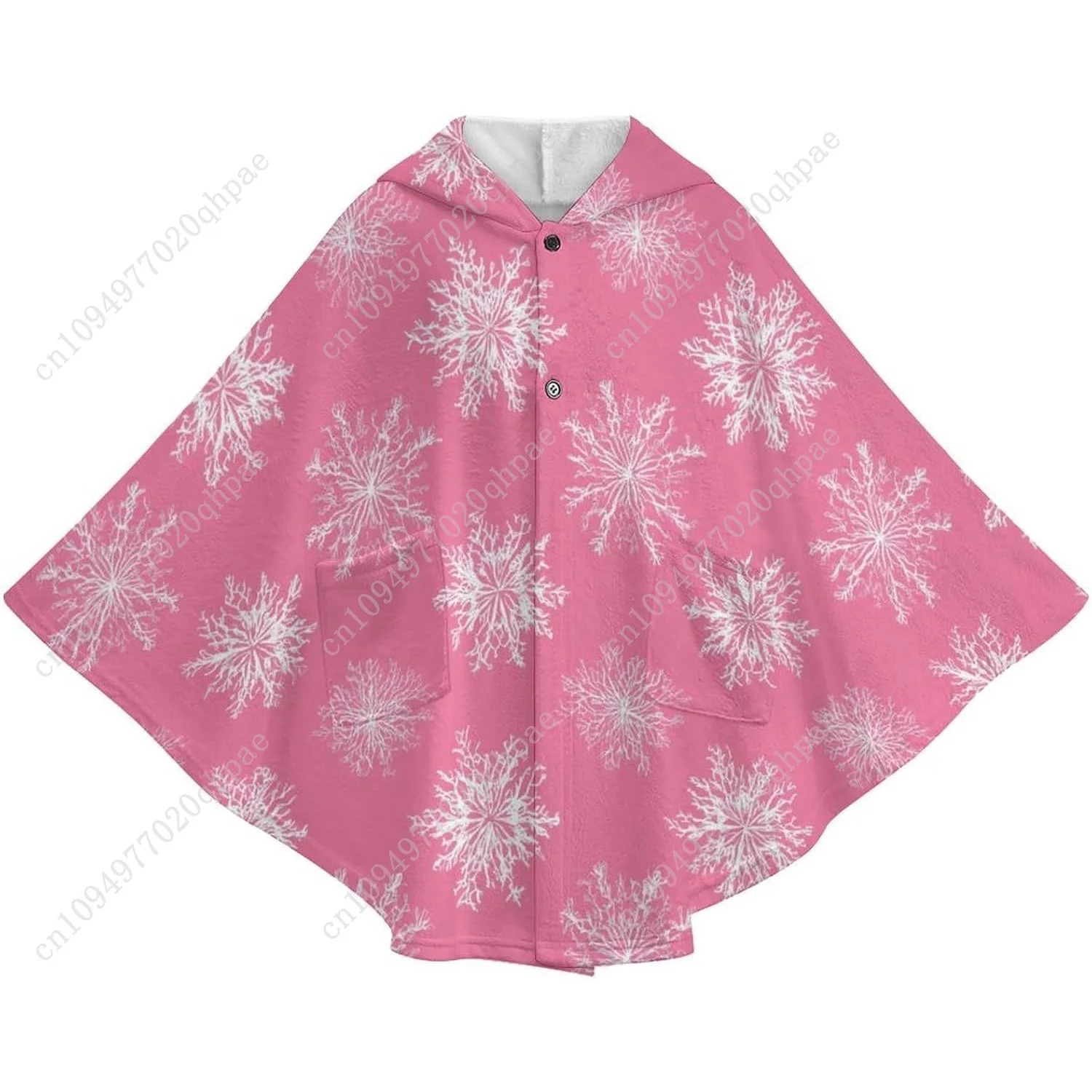 سترة بطانية مريحة من الفلانيل، هوديي كبير الحجم بنمط ندفة الثلج الوردي مع جيوب للأطفال والمراهقين
