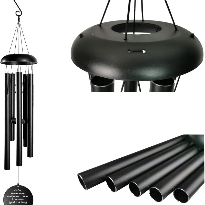 Metal tube retro music wind chimes, garden decorations top cover wind chimes pendant 5 tubes black