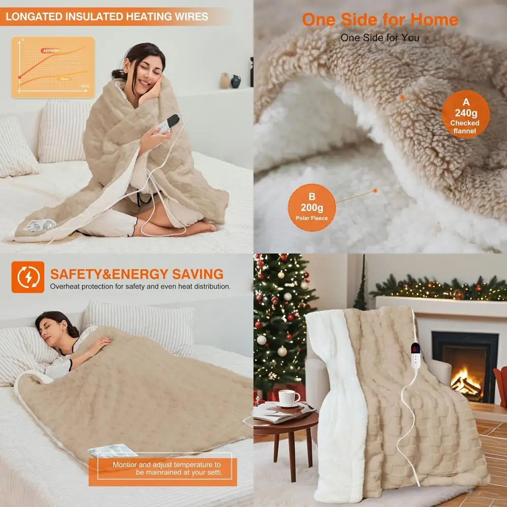 

6-уровневое регулируемое отопление, 10-часовой таймер, автоматическое выключение, мягкое фланелевое электрическое одеяло (хаки, 90x100)