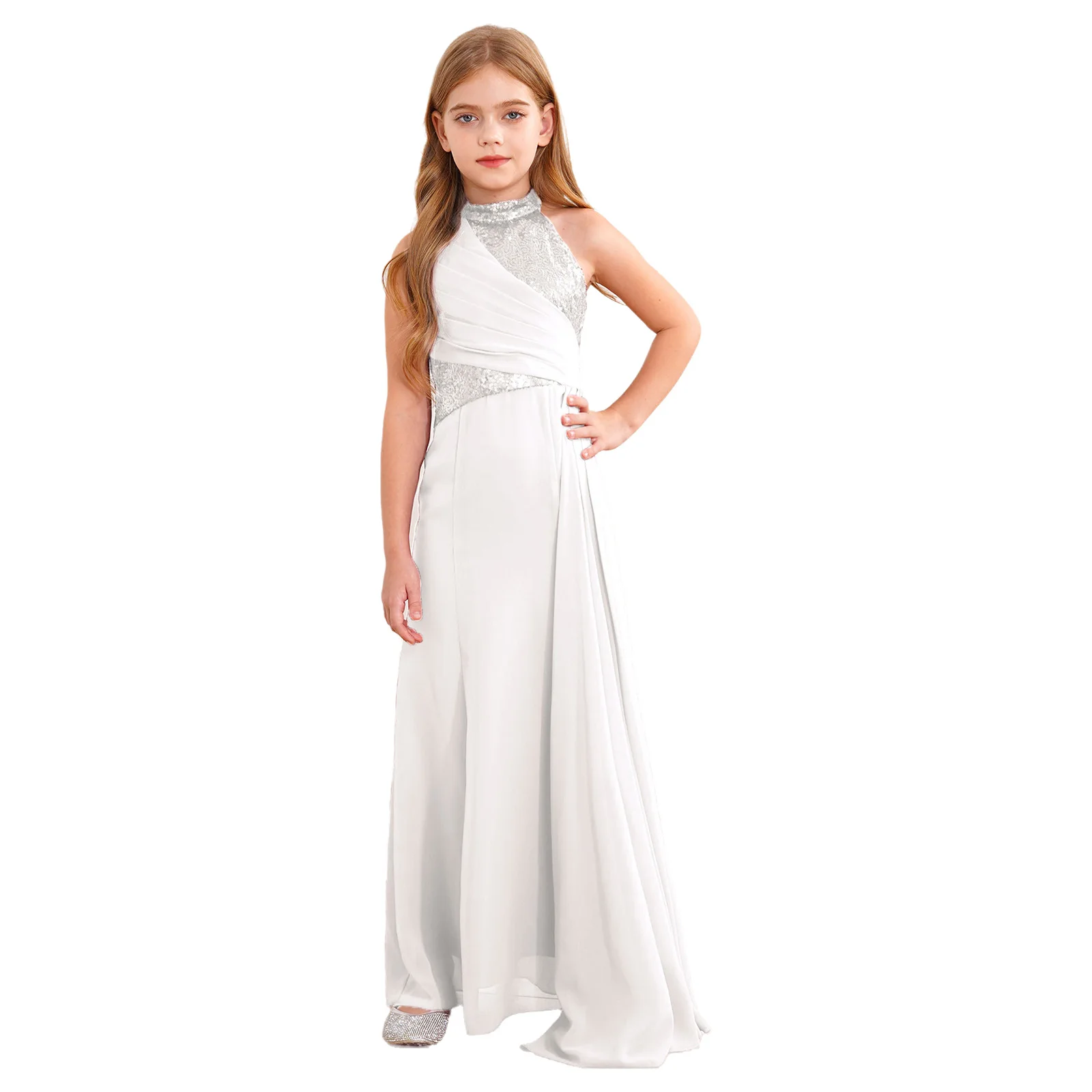 Girl Dress 15 Girls Shiny Sequined Party Gown Halter Sleeveless Maxi Dress Banquets Filles Robes Ballroom Dancing Costume