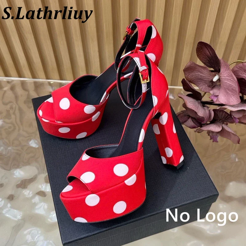2026 summer solid color polka dot design waterproof table sandals women's buckle toe sexy party dress fashionable sandals