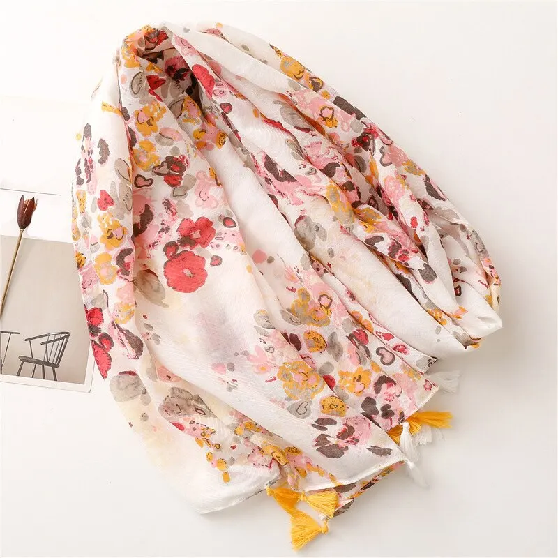 Fashion Floral Tassel Scarf Printed Cotton Viscose Hijab Summer Women Muslim Headband Ladies Beach Sunscreen Long Shawl 180*90cm