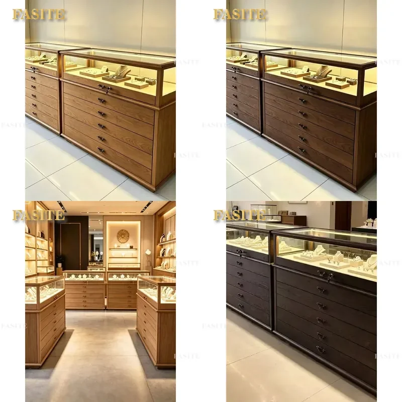 For Retro Solid Wood Jewelry Display Cabinet Antique Jade Glass Showcase Silver Cultural Relics Counter