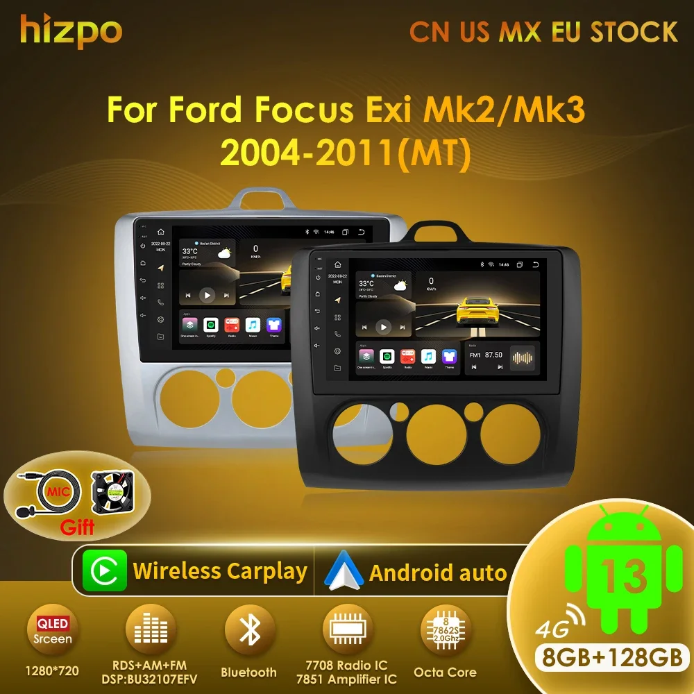 

Hizpo 9" 2 Din 4G+WiFi Car Radio for Ford Focus Exi MT Mk2 MK3 2004-2011 Multimedia Player Android 13 GPS Navigation Head Unit