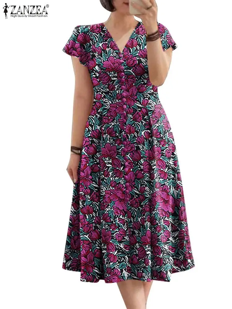 Bohemian V-Ausschnitt Kurzarm Midi Kleid 2024 Zanzea Sommer Mode Frauen Blumen gedruckt Urlaub Sommerkleid lässig Party Vestido