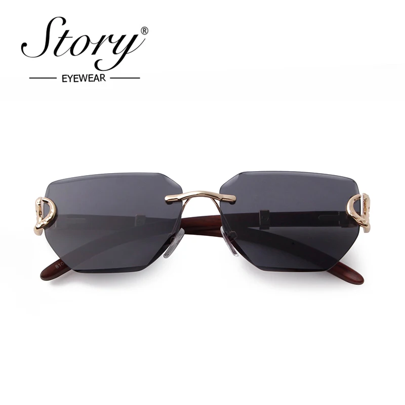 STORY Fashion Sliced Lens Square Sunglasses Men Women Luxury Designer Vintage Imitation Wood Polygon Rimless Sun Glasses S8102A