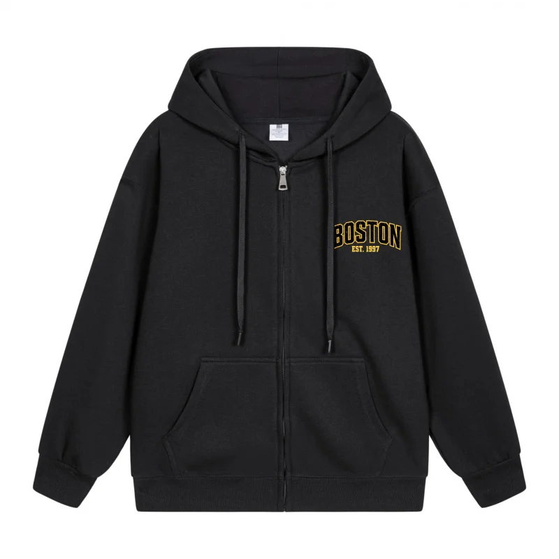 

Men's Zip-Up Hoodie Boston In Gold Letters Print 2025 New Style Casual Couples’ Style Couples’ Style