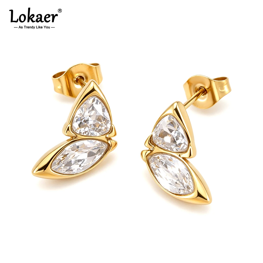 Lokaer Triangle & Horse Eye Double CZ Stud Earrings Two Stone Bezel Set Crystal Earring Stainless Steel Jewelry for Women E26183