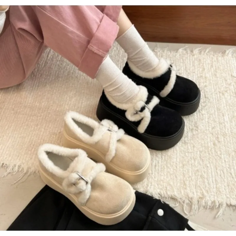 

Autumn Winter Furry Women Snow Boots Shallow Slip On Height Increase Shoes Ladies Outdoor Comfort Warm Cotton Footwear