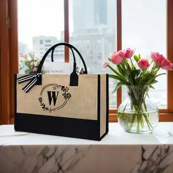 女士黃麻手提袋,可訂製字母圖案,時尚購物袋,亞麻旅行手提包,適合教師、朋友、伴娘等場合。 6 最佳銷售 教師手提袋 - №6