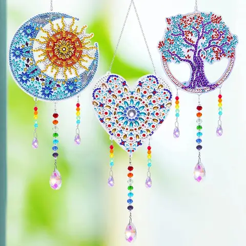 1 Acrylic Double-sided Super Flash Crystal Diamond Painting Captures Scenery Sun Moon Heart Tree Pattern DIY Wind Chimes