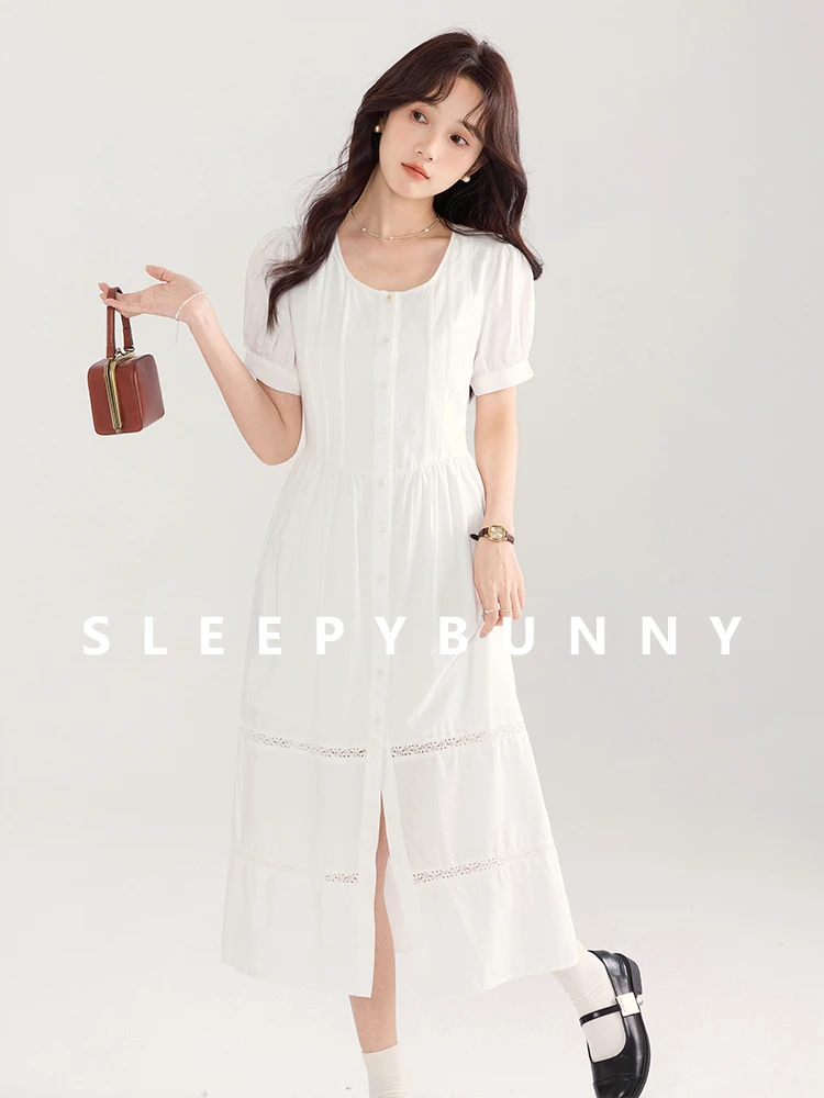 

Elegant Lace Trim Dress Round Neck Pleated Midi Waist Loose Fit Outfit for Women Summer Romantic Casual Fashion Long Dress 2025
