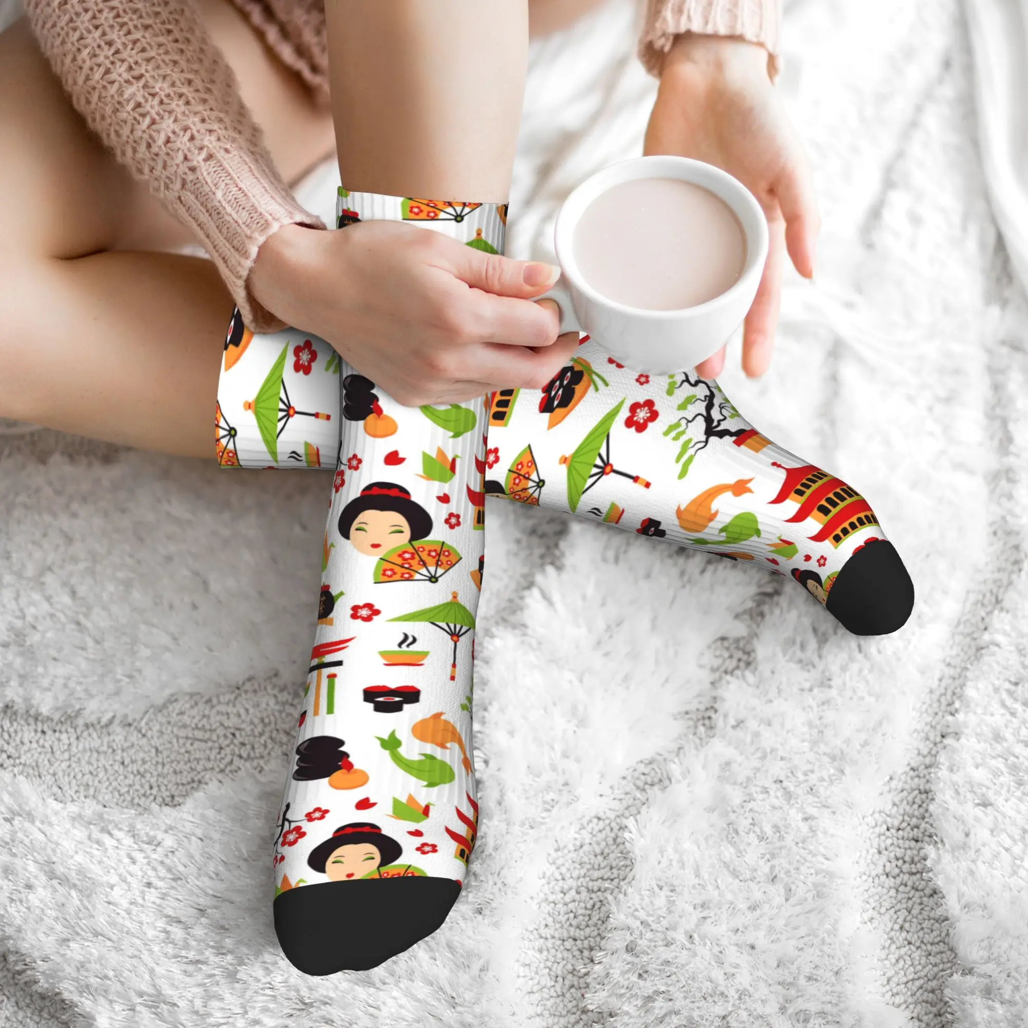 Cool Men's White Japanese Geisha Lucky Cat Dress Socks Unisex Warm Comfortable 3D Print  Crew Socks view 6