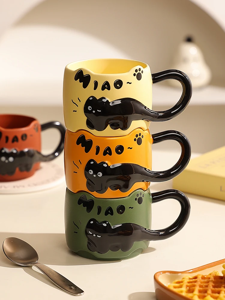 Embossed kitten cup girl high value mug cute creative couple water cup ceramic office coffee cup