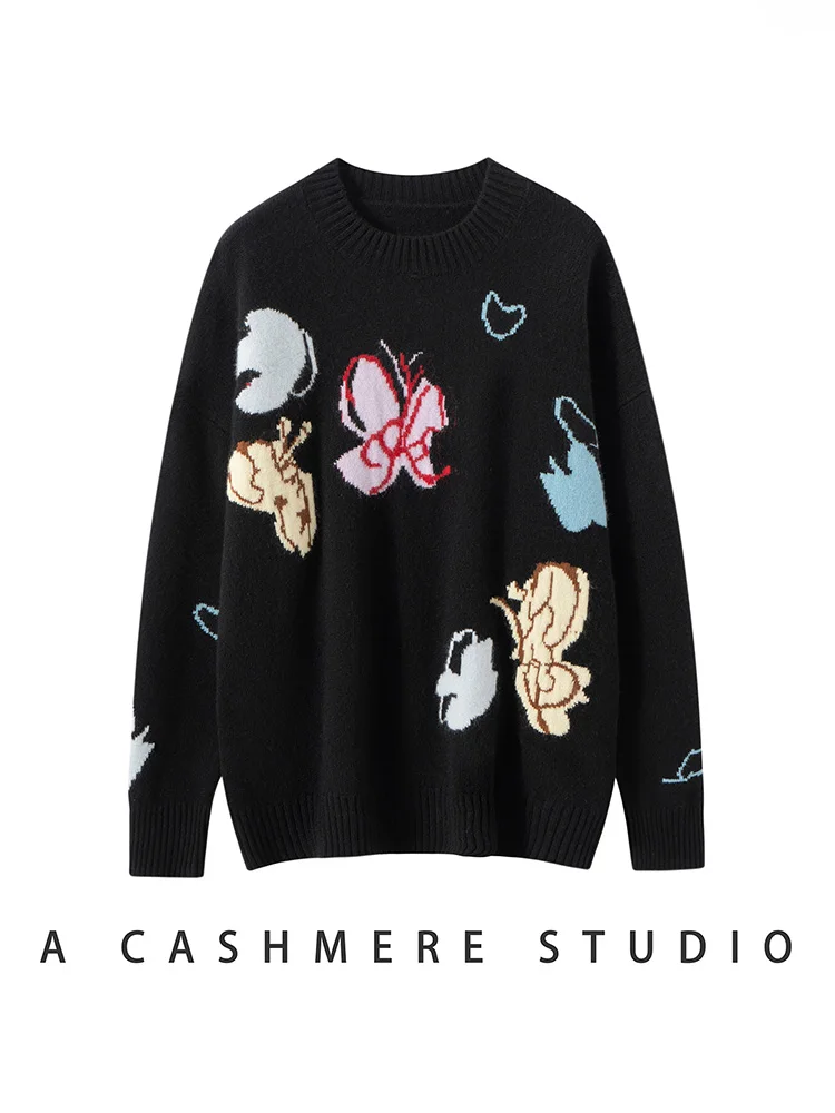 

MEETCC Women 100% Cashmere O Neck Pullover Autumn Winter Embroidey Butterfly Sweater Luxurious Cozy Warm Knitted JumperTop
