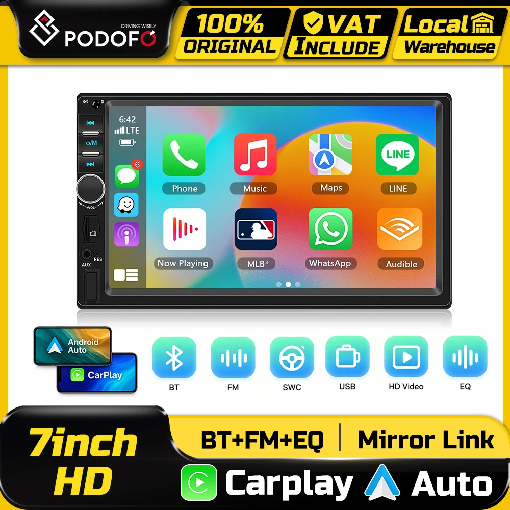 Podofo 2 Din Autoradio Multimedia MP5 Player CarPlay Android Auto Intelligente Fahrzeugsysteme BT EQ FM Radio Stereo Lenkradsteuerung