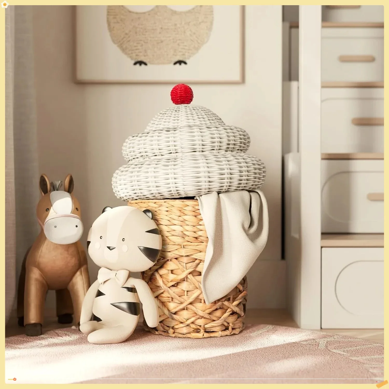

Water Hyacinth Kids Storage Bin, Ice Cream Cone Toy Basket for Childrens Bedroom Organizer Toys Games