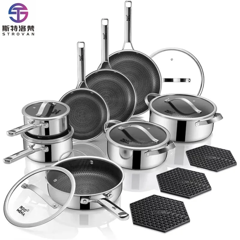 

Skillful Manufacture High Quality Hybrid Stainless Steel Cookware Sets Fashionable 17PC Silver Non Stick Cooking Pan Sets